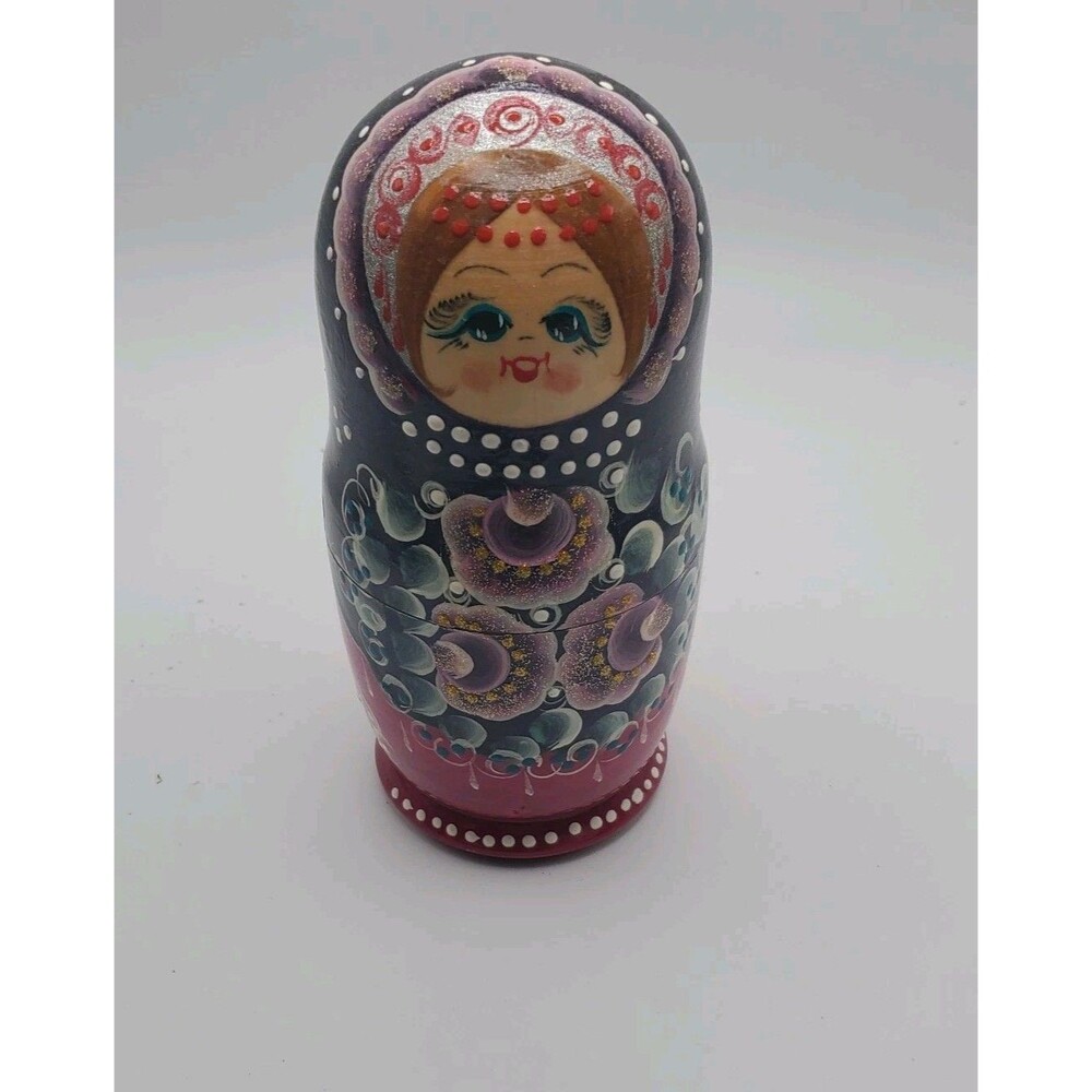 Russian 5 piece Wooden Purple Nesting Dolls Hand Painted Red Flowers Blond Girl